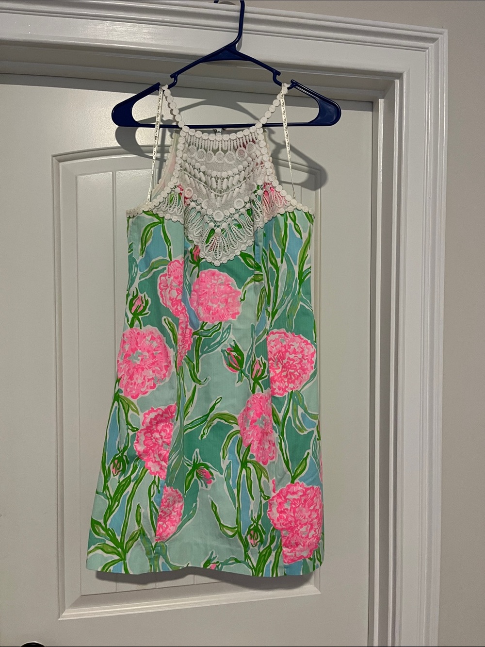 Lilly Pulitzer Aqua Mini Dress with Pink Floral Print & Crochet Yoke